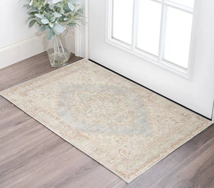2' X 3' Beige and Gray Medallion Power Loom Worn Faded Area Rug