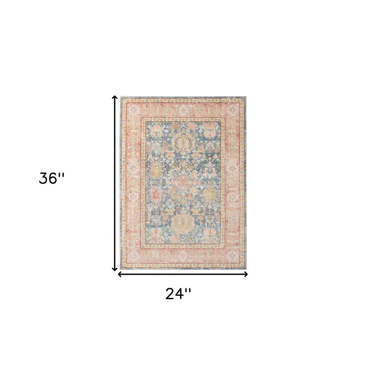 2' X 3' Coral and Blue Oriental Power Loom Worn Faded Area Rug