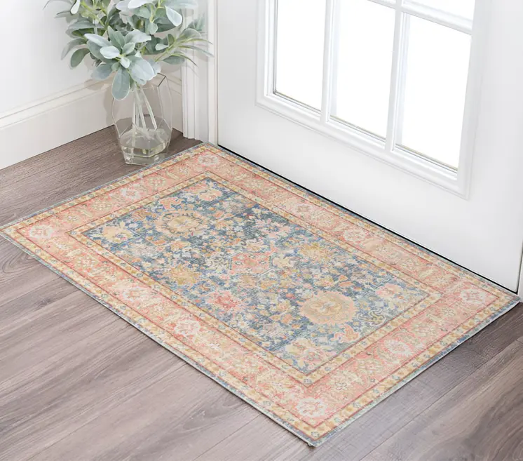 2' X 3' Coral and Blue Oriental Power Loom Worn Faded Area Rug