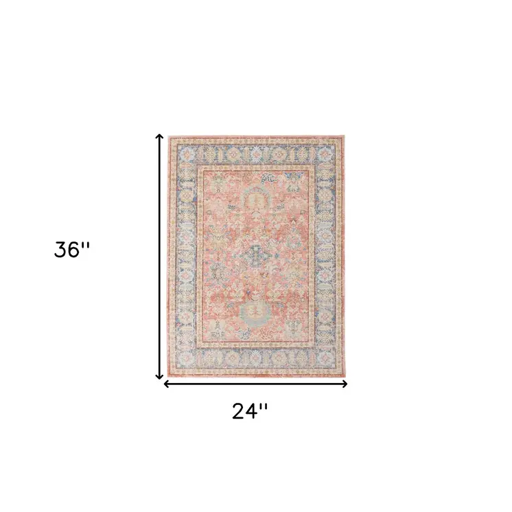 2' X 3' Coral and Blue Oriental Power Loom Worn Faded Area Rug
