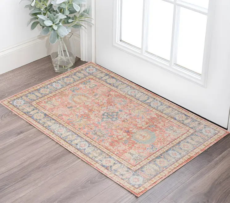 2' X 3' Coral and Blue Oriental Power Loom Worn Faded Area Rug