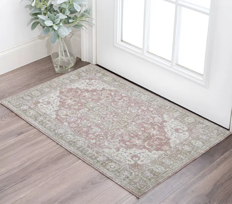 2' X 3' Sage and Coral Pink Medallion Power Loom Worn Faded Area Rug