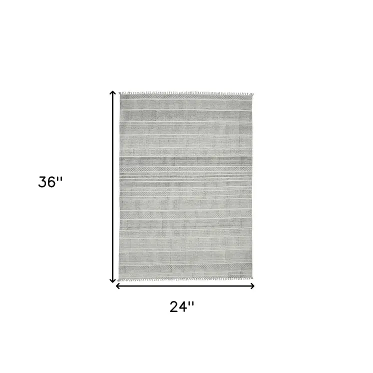 2' X 3' Ivory And Black Geometric Flatweave Handmade Distressed Area Rug With Fringe