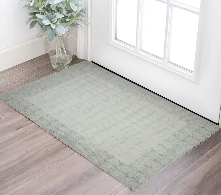 2' X 3' Ivory Blue And Black Geometric Flatweave Handmade Distressed Area Rug With Fringe