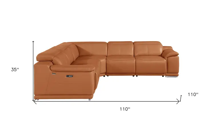 Camel Italian Leather Modular L Shaped Five Piece Corner Sectional