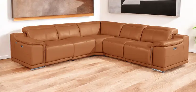 Camel Italian Leather Modular L Shaped Five Piece Corner Sectional