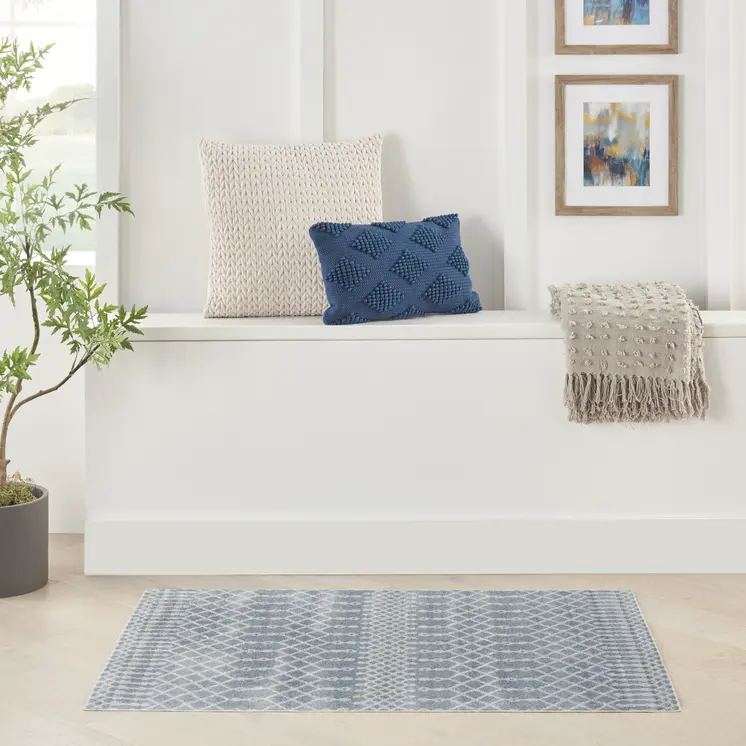 3' X 5' Blue and Ivory Abstract Power Loom Washable Area Rug
