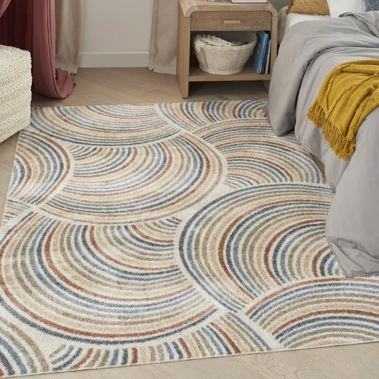 7' X 9' Ivory Blue And Brown Geometric Washable Area Rug