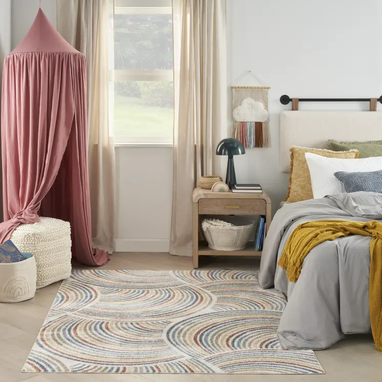 7' X 9' Blue And Ivory Abstract Washable Area Rug