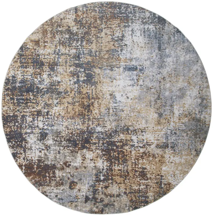 8' Tan Ivory And Black Abstract Distressed Washable Round Rug