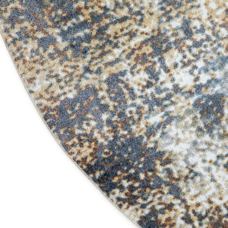 8' Tan Ivory And Black Abstract Distressed Washable Round Rug