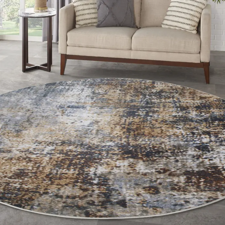 8' Tan Ivory And Black Abstract Distressed Washable Round Rug