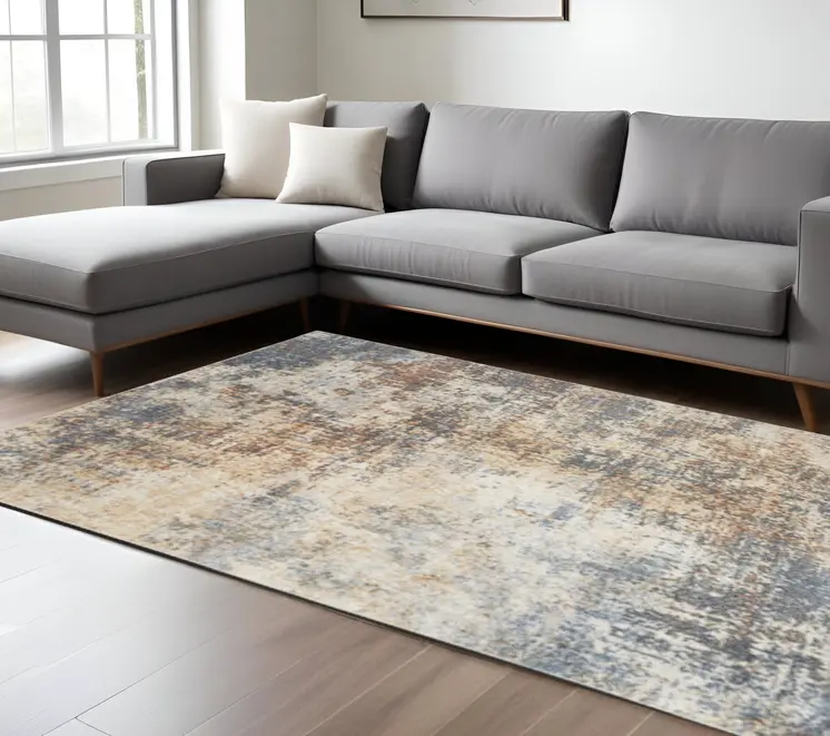 9' X 12' Blue And Ivory Abstract Distressed Washable Area Rug