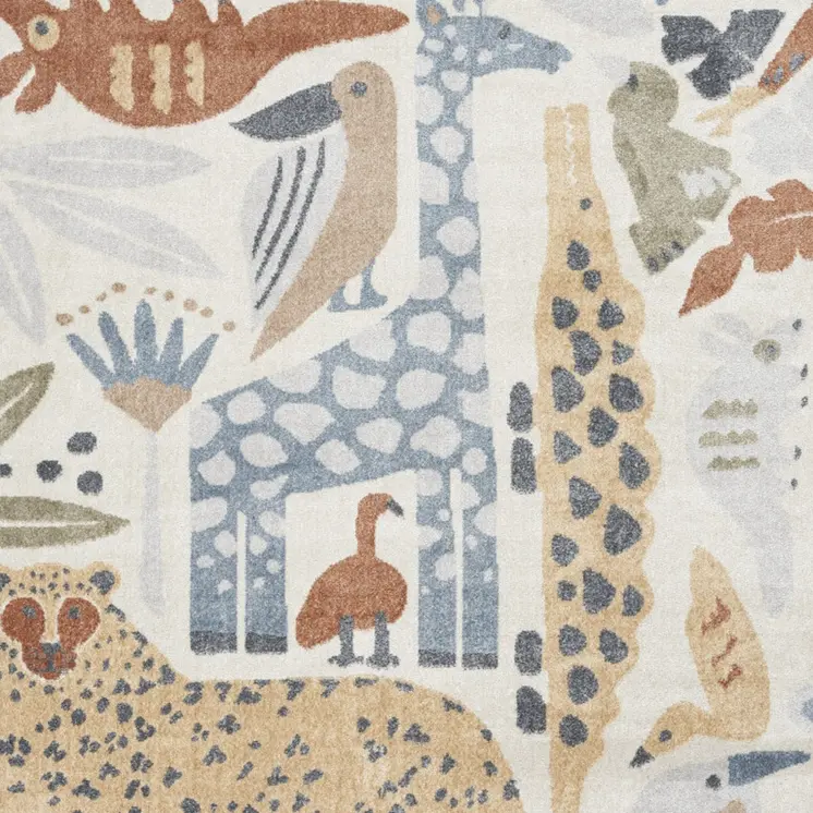 5' X 7' Ivory Blue and Gray Animal Print Washable Area Rug