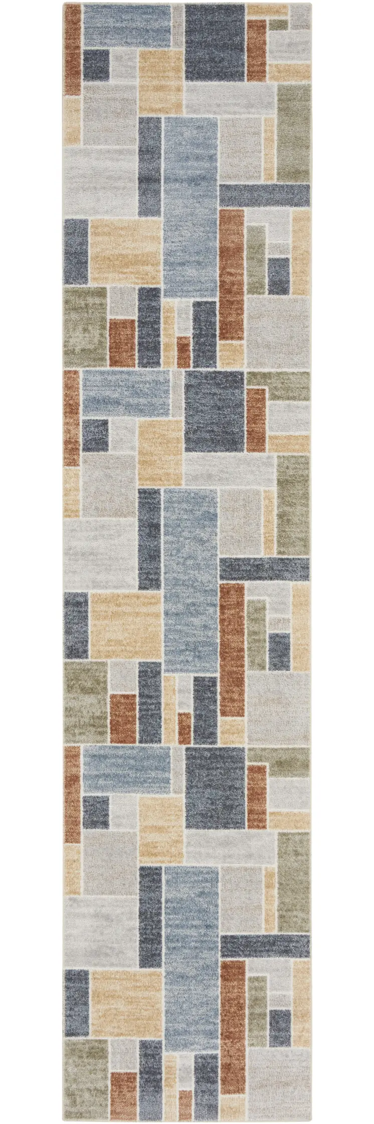 10' Blue And Green Geometric Washable Runner Rug