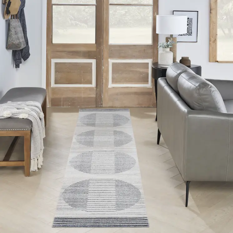 12' Blue And Ivory Geometric Washable Runner Rug