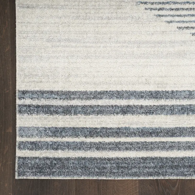 12' Blue And Ivory Geometric Washable Runner Rug