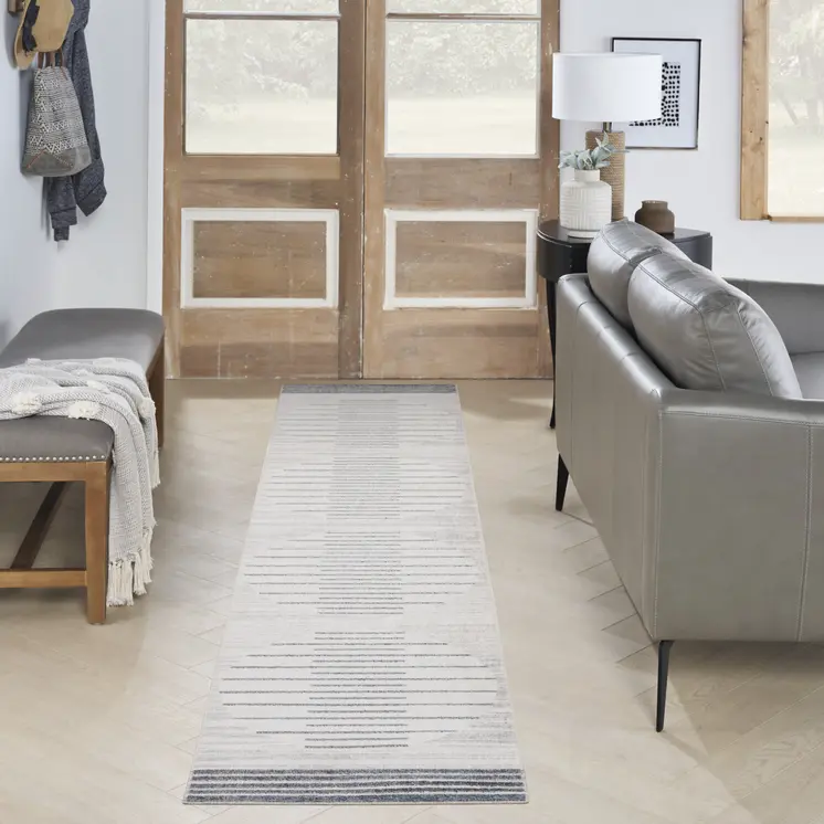 12' Blue And Ivory Geometric Washable Runner Rug