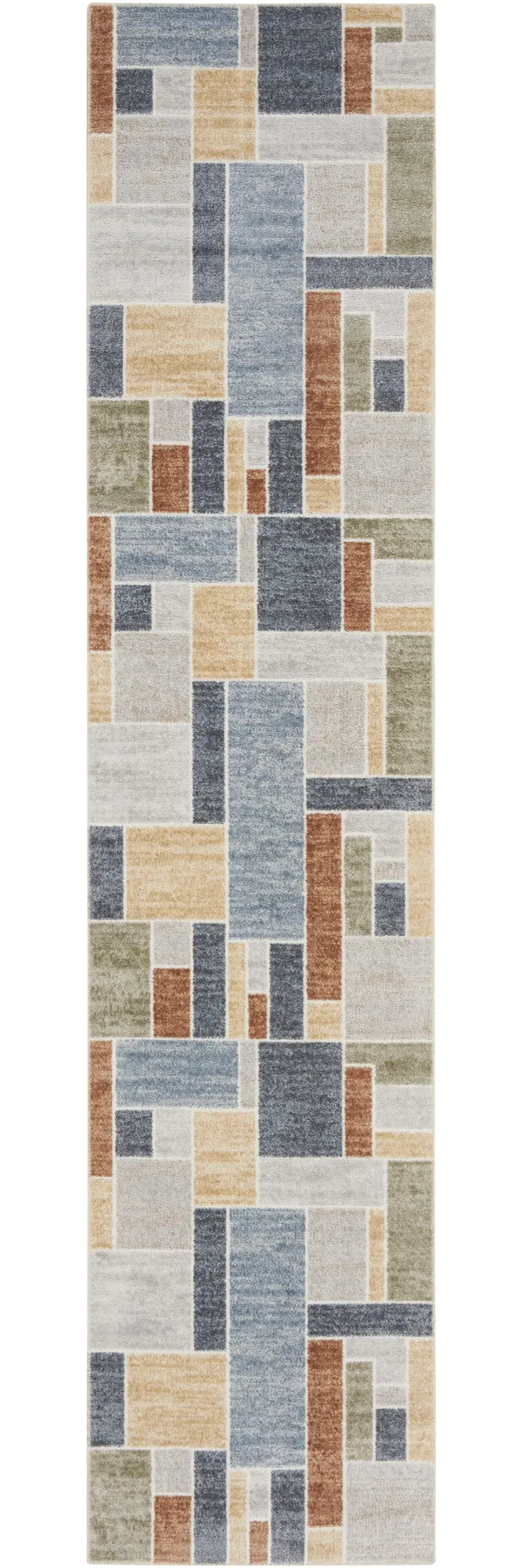 12' Blue And Green Geometric Washable Runner Rug