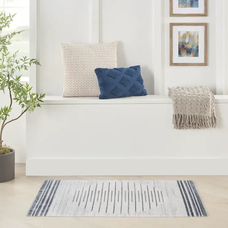 3' X 5' Ivory And Blue Geometric Washable Area Rug