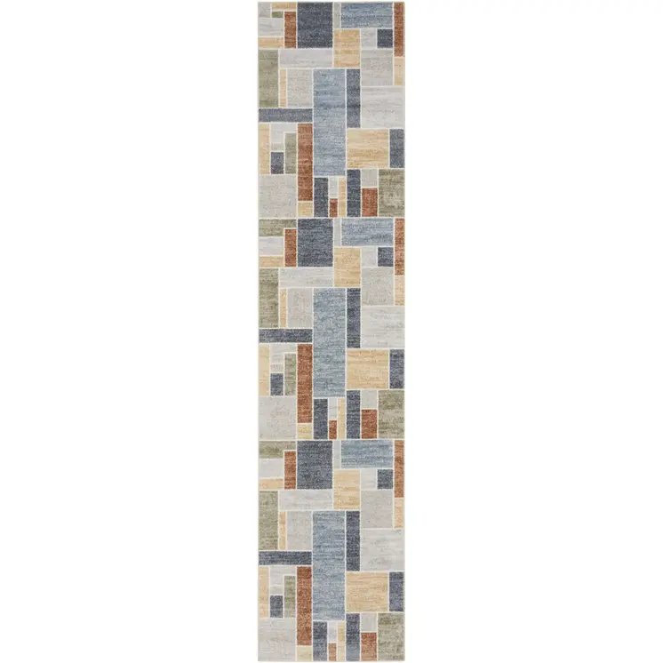 8' Blue And Green Geometric Washable Runner Rug