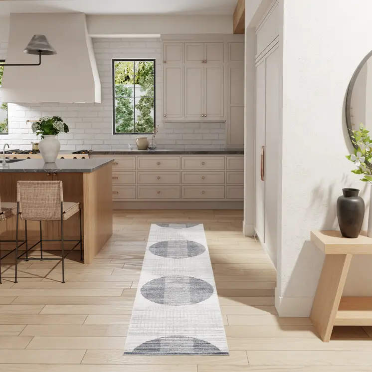 8' Ivory And Blue Geometric Washable Runner Rug