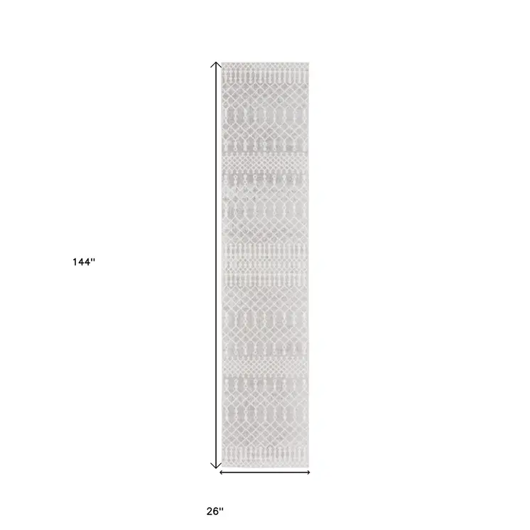 12' Gray And Ivory Moroccan Washable Runner Rug