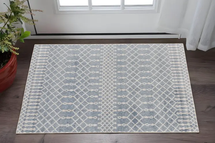 3' X 5' Blue And Ivory Moroccan Washable Area Rug