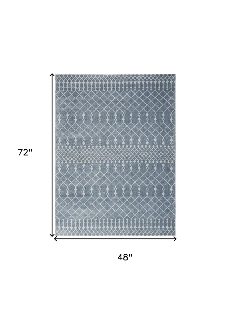 4' X 6' Blue And Ivory Moroccan Washable Area Rug