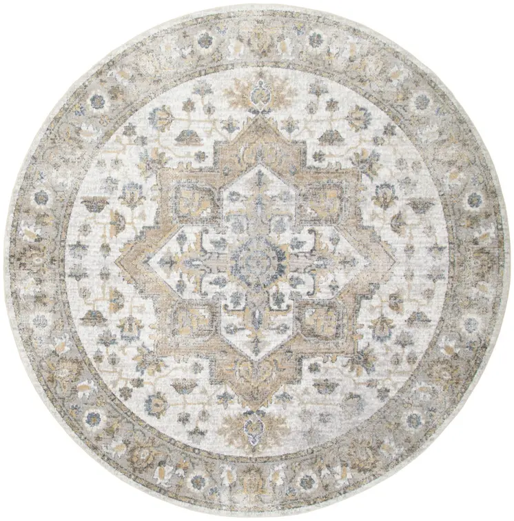 8' Gray Ivory And Blue Floral Medallion Distressed Washable Round Rug