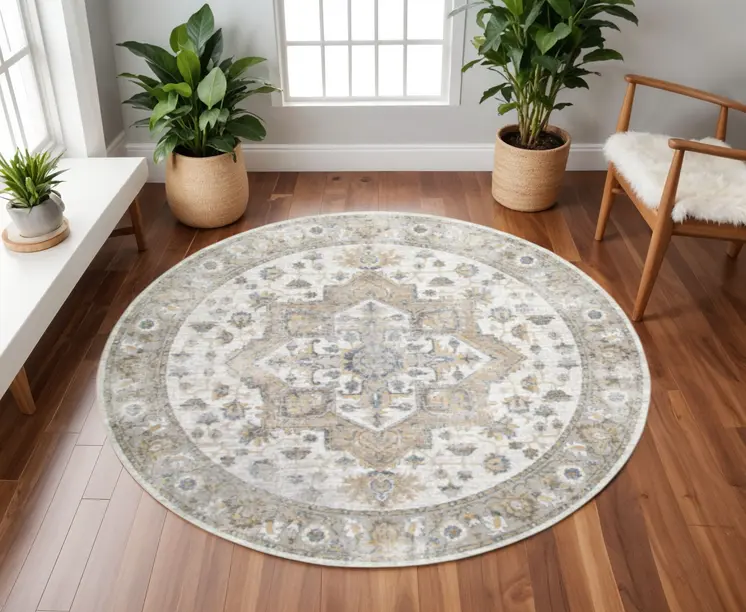 8' Gray Ivory And Blue Floral Medallion Distressed Washable Round Rug