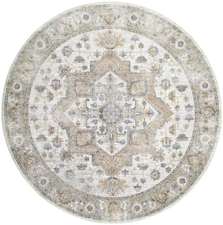 8' Gray Ivory And Blue Floral Medallion Distressed Washable Round Rug