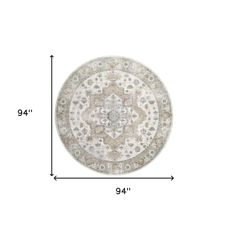 8' Gray Ivory And Blue Floral Medallion Distressed Washable Round Rug