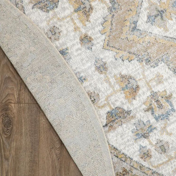 8' Gray Ivory And Blue Floral Medallion Distressed Washable Round Rug
