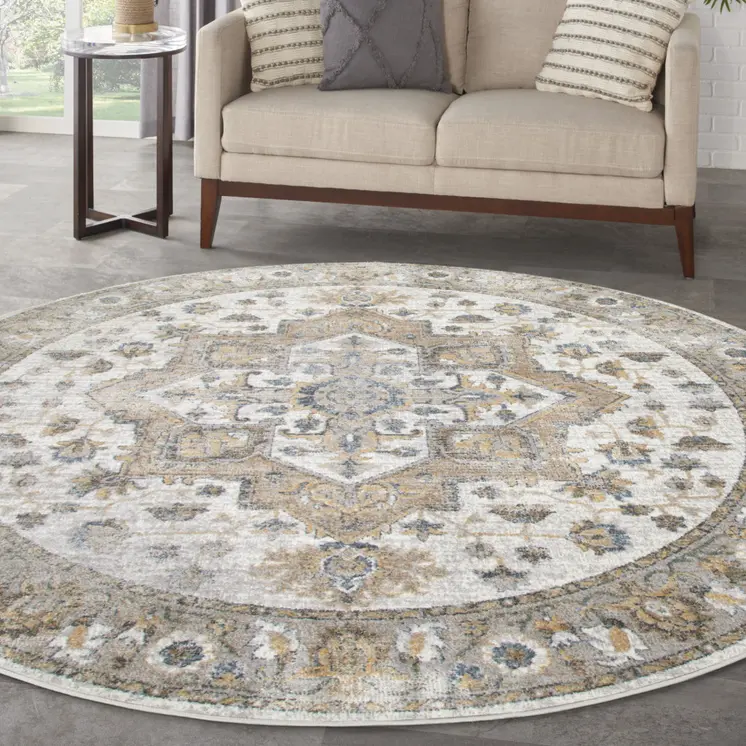 8' Gray Ivory And Blue Floral Medallion Distressed Washable Round Rug