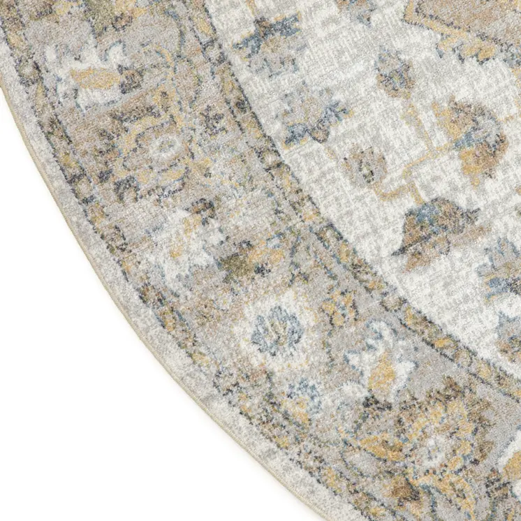 8' Gray Ivory And Blue Floral Medallion Distressed Washable Round Rug