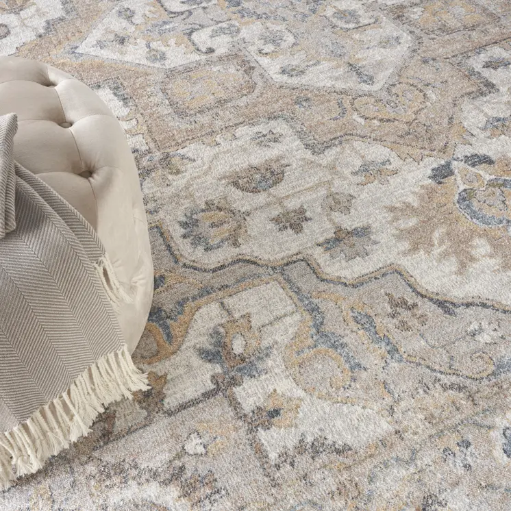 8' Gray Ivory And Blue Floral Medallion Distressed Washable Round Rug