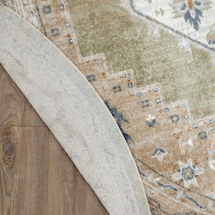8' Sage And Ivory Floral Medallion Distressed Washable Round Rug