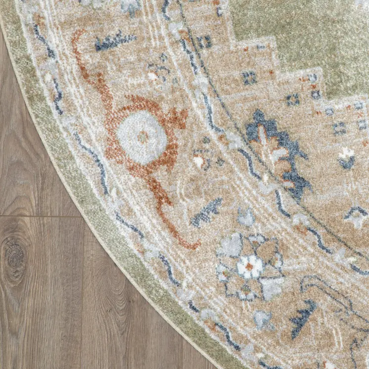 8' Sage And Ivory Floral Medallion Distressed Washable Round Rug