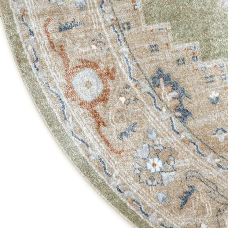 8' Sage And Ivory Floral Medallion Distressed Washable Round Rug