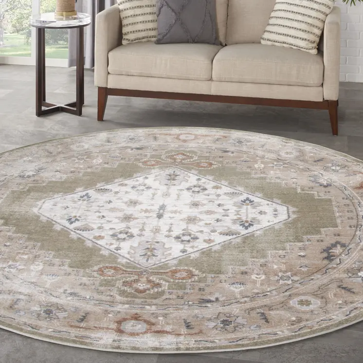 8' Sage And Ivory Floral Medallion Distressed Washable Round Rug