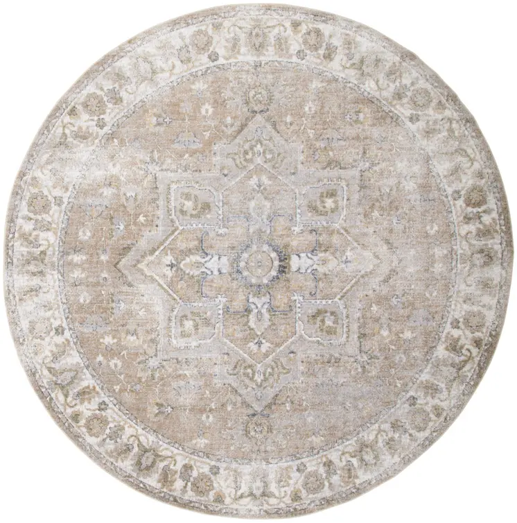 8' Beige Tan And Blue Floral Medallion Distressed Washable Round Rug