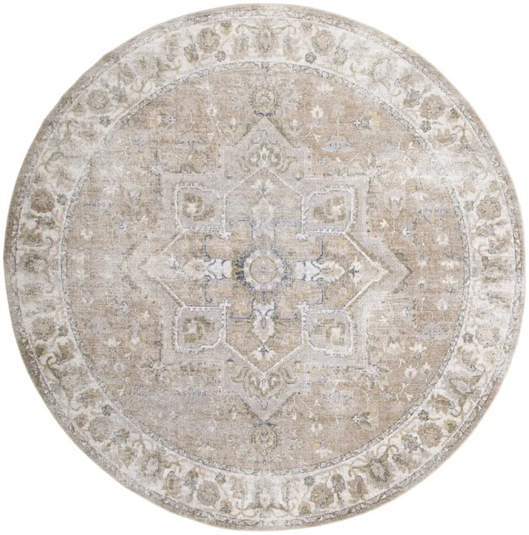 8' Beige Tan And Blue Floral Medallion Distressed Washable Round Rug