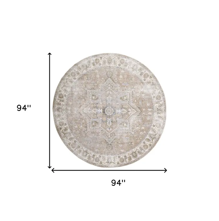8' Beige Tan And Blue Floral Medallion Distressed Washable Round Rug