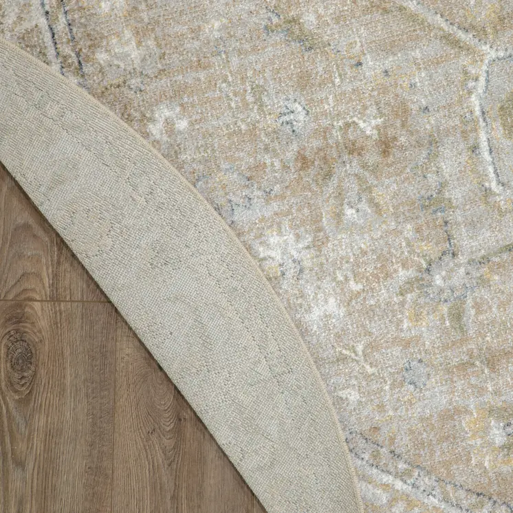 8' Beige Tan And Blue Floral Medallion Distressed Washable Round Rug