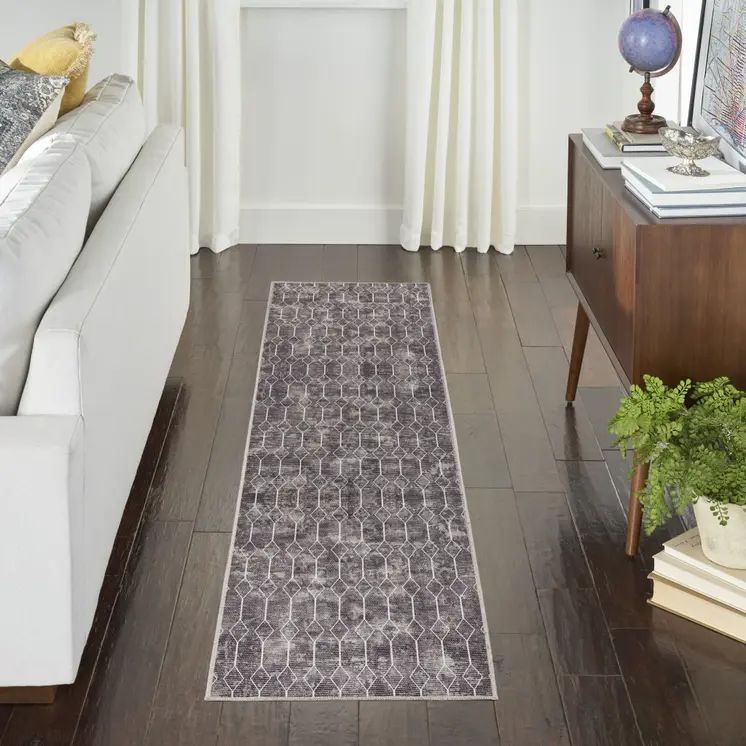 10' Brown Geometric Washable Runner Rug