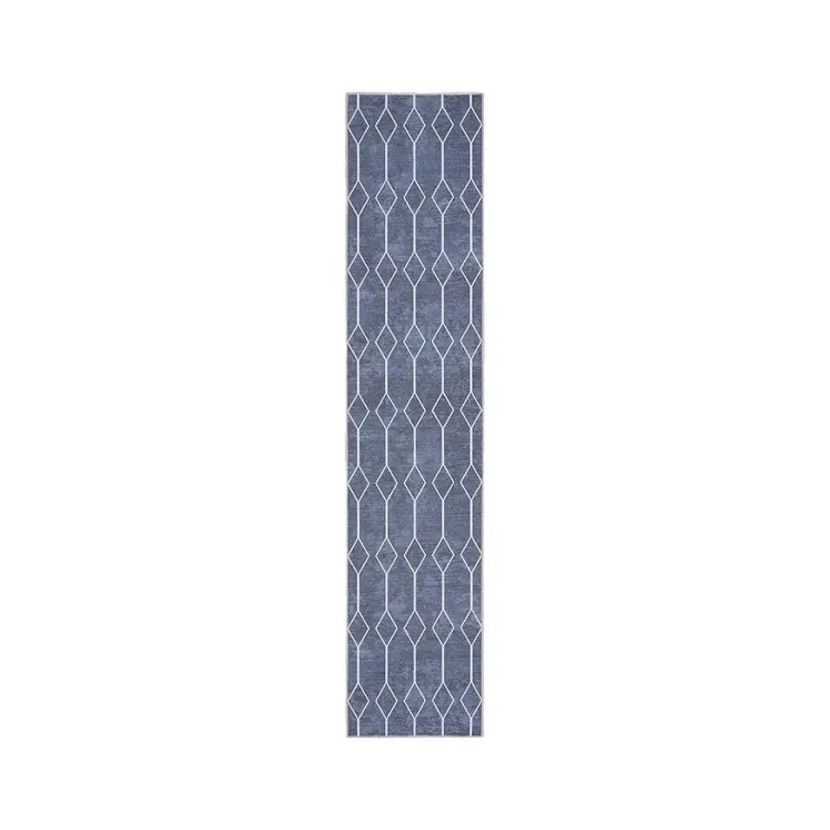 10' Blue Geometric Washable Runner Rug