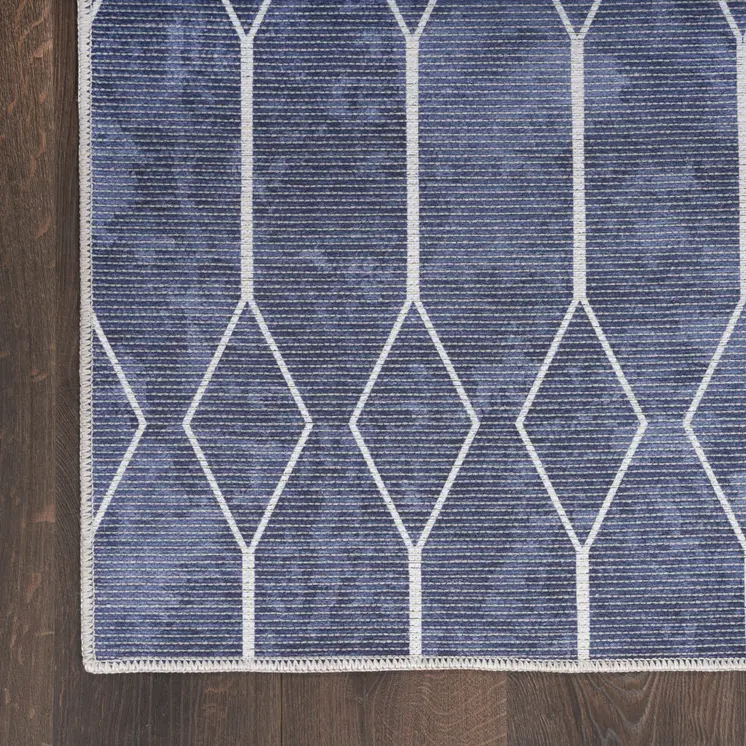 10' Blue Geometric Washable Runner Rug