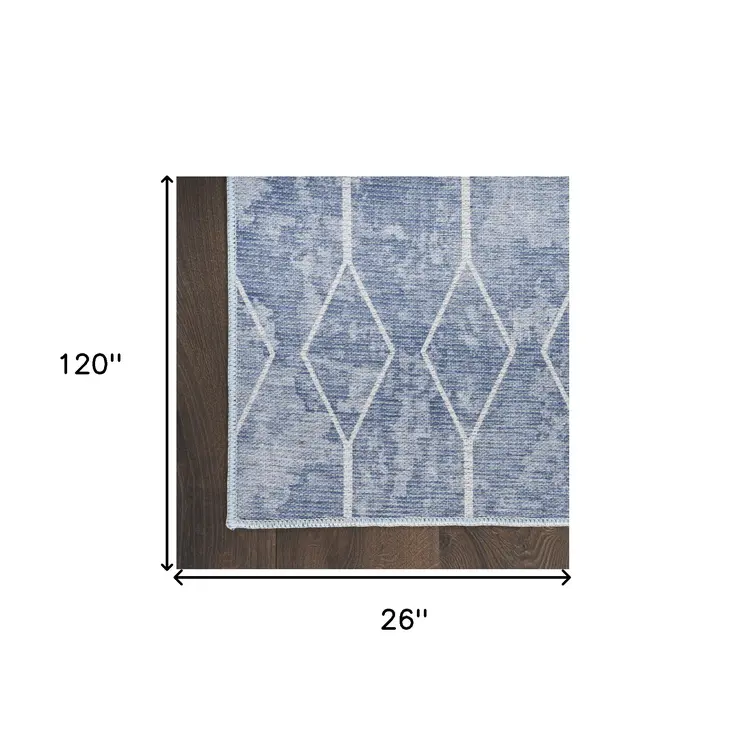10' Blue and Off White Geometric Power Loom Washable Runner Rug