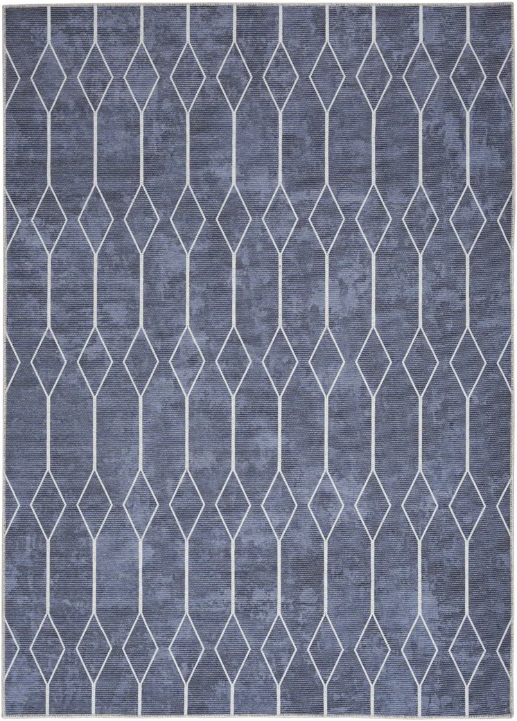 5' X 7' Blue and Ivory Geometric Power Loom Washable Area Rug